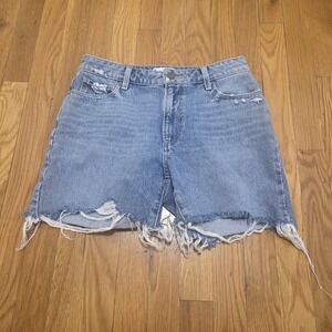PAIGE Sarah Longline Denim Shorts Distressed Raw Hem Blue Size 27 High Rise